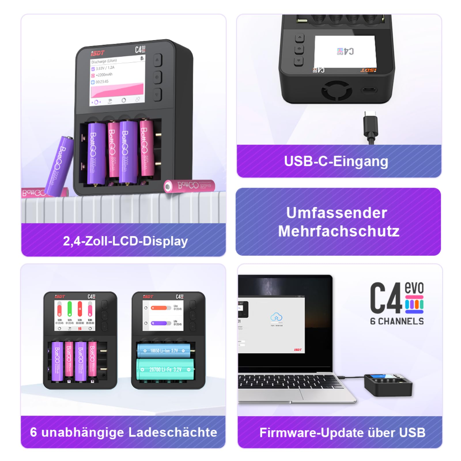 ISDT C4 EVO Rundzellen-Ladegerät 18650 AA AAA USB-C